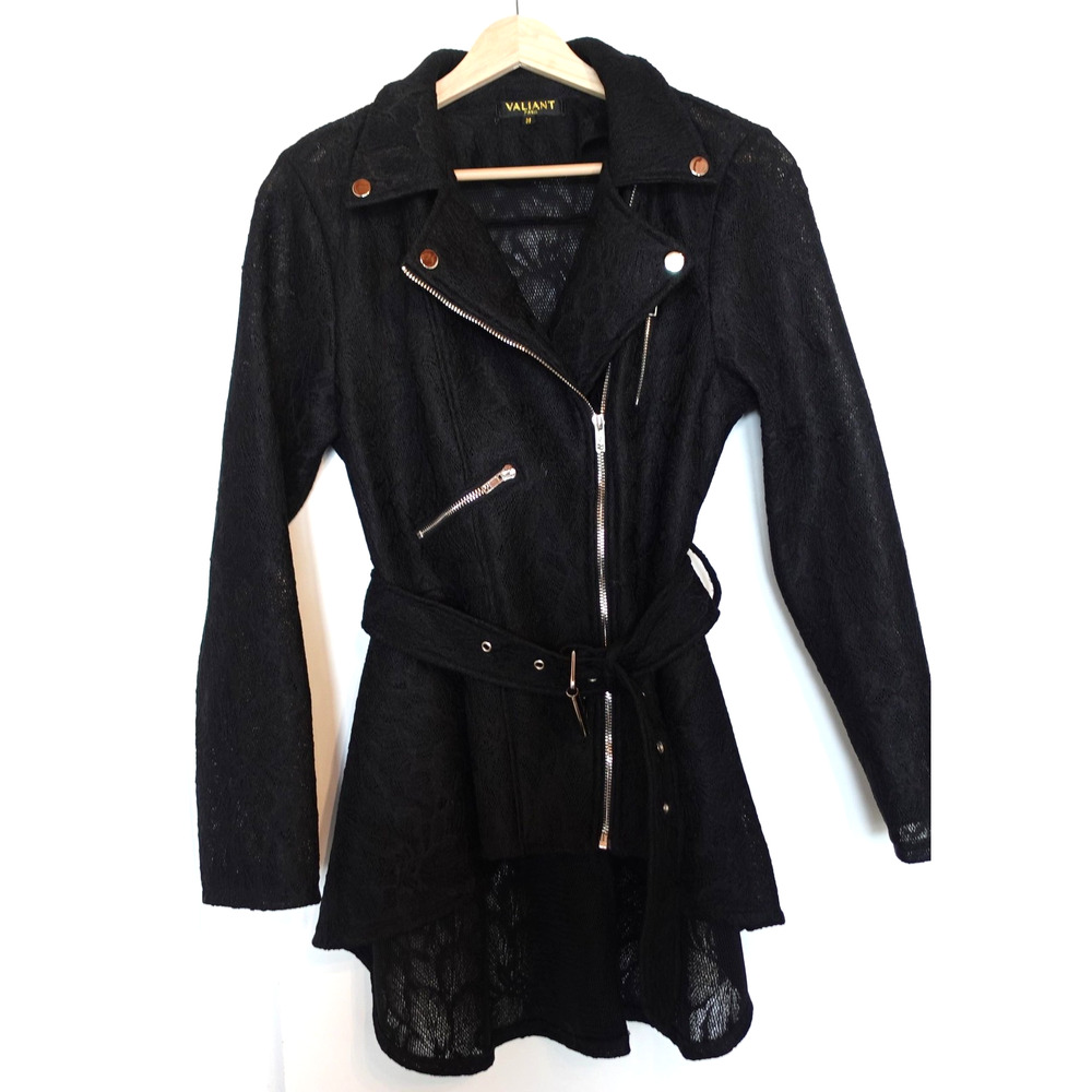 Valiant Paris Jacket Womens‎ Medium Black Lace Moto Belted Gothic Edgy France
